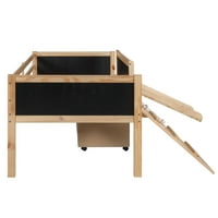 Двоен мансарден кревет за деца мали деца, дрвен кревет со низок мансарда со слајд картон Две кутии за складирање искачуваат рамка за искачување на јажето, вежбање з