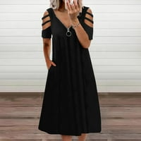 Летни Фустани За Жени Со Средна Должина А-Линија Мода Со Кратки Ракави V-Вратот Цветен Фустан Црн 2XL