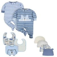 Gerber Baby Boy Organic Organic Oppation Sleep 'N Play Sleepers, Caps и Bibs Toush Подарок, 9-парчиња, со големина на новороденчиња