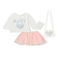 Btween Girls Girls долги ракави Flip Sequin Top и Tutu Skirt Outfit поставена со чанта, 2-парчиња, големини 4-12