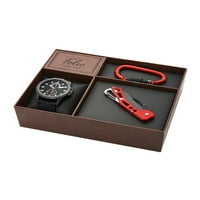 Фолио машки Gunmetal Tone Round Analog Watch со црна силиконска лента, црна и црвена карабинер и прочитајте сет за подароци