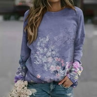 Женски Обични Модни Цветни Печати Долги Ракави О-Вратот Пуловер Врвот Блуза