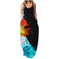 Womenените врзаат боја без ракави, бохо фустан мода 3Д печатен омбре долг макси фустан за летна плажа sundress со џебови