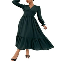 Елегантен Цврст V Врат Фустан Со Долги Ракави Темно Зелени Женски Фустани XL
