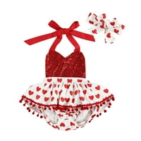 Канруло Бебе Девојка Без Ракави Љубов Печатење Sequin Halter Romper + Лента За Глава Црвена 3 Месеци