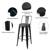 Дизајн Група црна средна задната висина метална лента столици со седиште од дрво, сет од 6