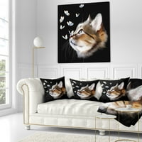 DesignArt Cat со пеперутки на црна перница за фрлање животни - 18x18