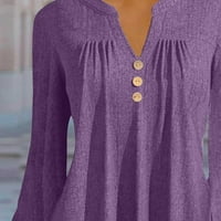 Жени Копче V Вратот Ракав Блуза Прекрасна Мода Пуловер Цврсти Кошули Плисирани Туника Врвови Виолетова XL