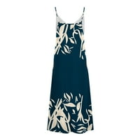 Кетрио Сонце Фустан-Мода Секојдневен Летен Џеб Чипка Без Ракави Печатени V-Вратот Фустан Морнарица