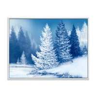 ДИЗАЈНАРТ „Снежни покриени дрвја со езерска куќа со смрека од езерото, врамена од платно, wallидна уметност печатење