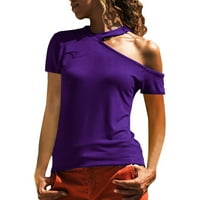 Жени Обични Летни Цврсти Кратки Ракави Екипажот Лабава Маица Блузи Кошули Врвови Виолетова Големина 6