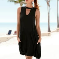 Женски летен фустан на плажа со стилски деколте без ракави фустан со џеб