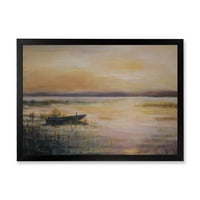DesignArt 'Пастено брод зајдисонце над езерото' Наутички и крајбрежен врамен уметнички принт