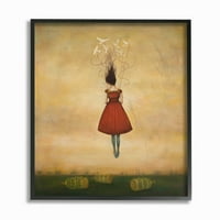 Домашната украс за кума за убавина и птици во нејзината коса жена во црвен фустан што лета далеку платно wallидна уметност