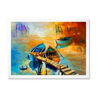 Брод на езерото за време на вечерниот сјај против врамено сликарско платно уметничко печатење