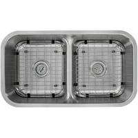 Магнус тоне 32-1 4-во 18-7 8-инчен мерач од не'рѓосувачки челик Двоен чинија со низок делител на кујнски мијалник со мрежни