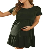 Келајуан Бремени Жени Фустан, Еднобоен Краток Ракав Кружен Врат Двослоен Фустан За Доење