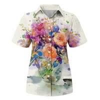 Женска Мода Обични Копчиња За Печатење Со Кратки Ракави Ревер Кошула Топ Блуза