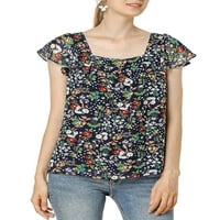 Уникатни поволни цени за женски квадратни вратот цветна руфла ракав шифон блуза врв