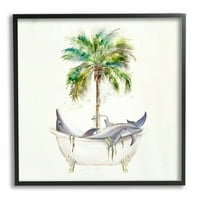 Делфини Делфини во када од када, палми животни и инсекти кои сликаат црна врамена уметничка печатена wallидна уметност