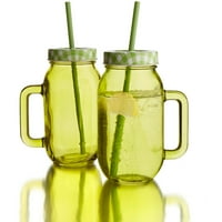 Стил сетер 24-Оз. Зелено стакло се ракуваше со тегли за пиење со карирани метални капаци и сламки, сет од 2