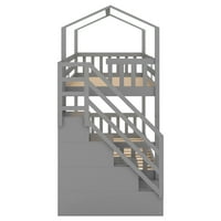 Aukfa Stairway кревет кревет близнак над близнаци, дрвена куќа постелнина со тревога за детска спална соба, сива