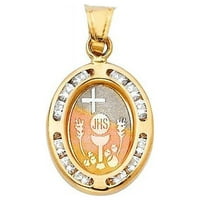 Накит 14к Три-Тон Златен Кубен Цирконски Медалјон За Света Причест Приврзок