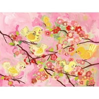 Птици Од Цреша На Упси Дејзи, Розова И Жолта Платнена Ѕидна Уметност, Големина 24х18