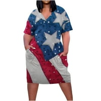 Дијанли Женски Елегантен Краток Ракав V Вратот Ѕвезда Лента Печатење Летни Врвови Фустан Американско Знаме Патриотски Лабава