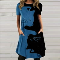 Летни фустани за жени со кратки ракави со кратки ракави со средна должина на слободно време на деколте со печатено фустанче сино 2xl
