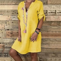 Жолт женски моден случај на обичен темперамент на екипажот, лабава памучна коноп цврста боја фустан М м