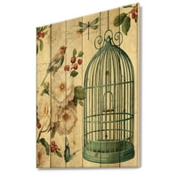 DesignArt 'Birdcage, Blue Cottage Bird and Apple Blossoms II' Floral and Botanical Print на природно бор дрво