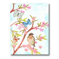 Паметна птица што седи на гранка на пролетно дрво со пеперутки што сликаат платно уметничко печатење